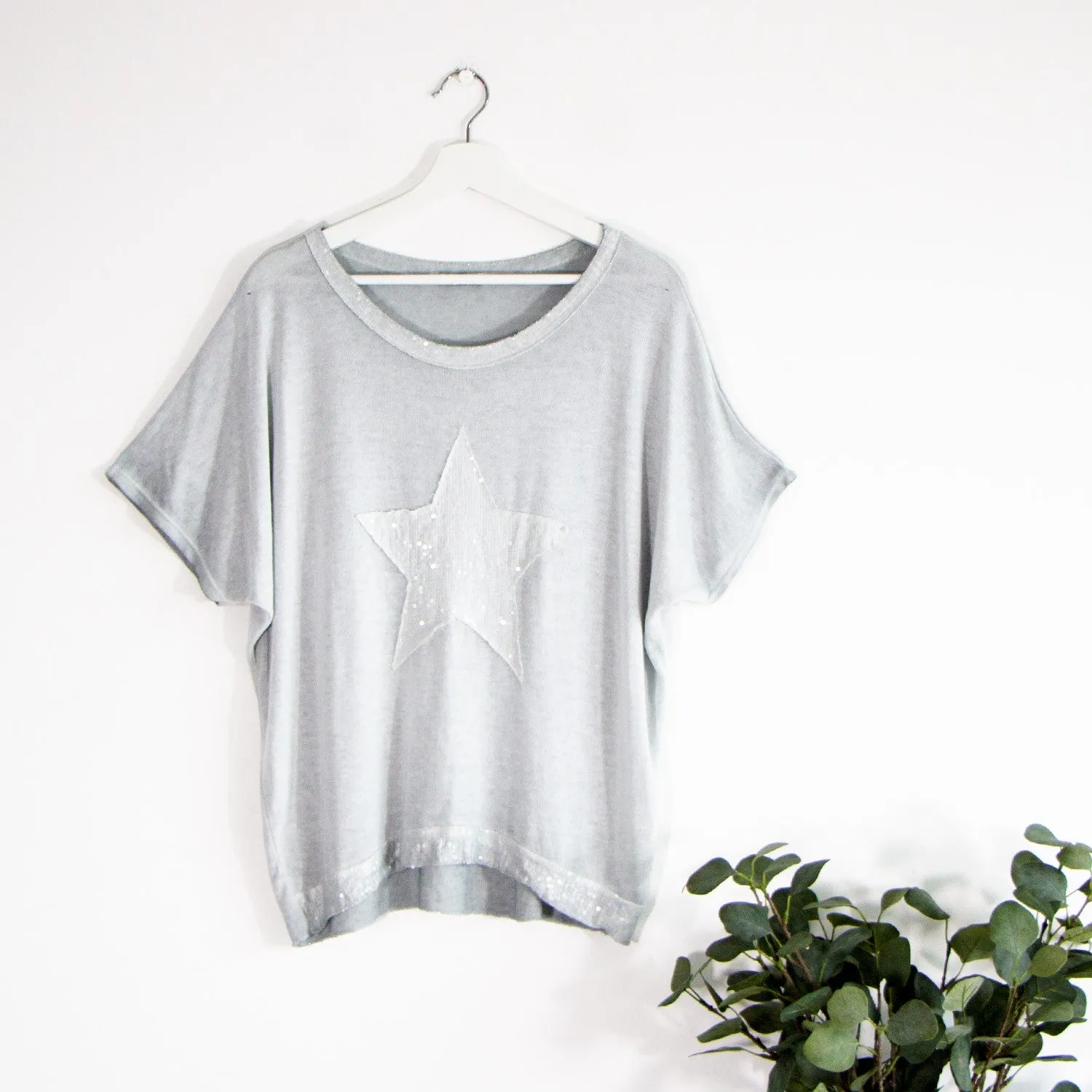 Fine knit sequin star top with silver trim