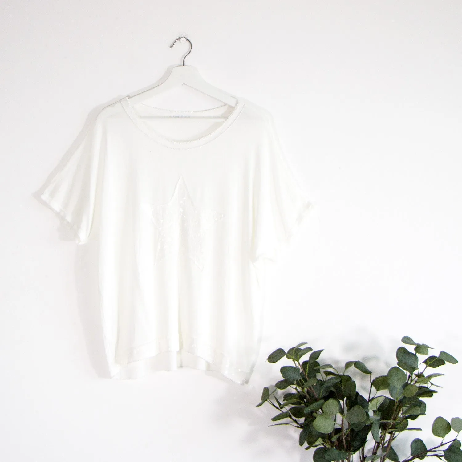 Fine knit sequin star top with silver trim