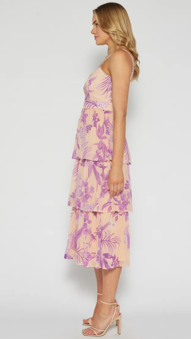 Floral Chiffon Trim Detail Tiered Dress