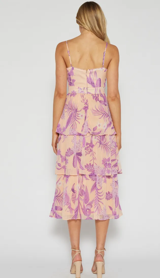 Floral Chiffon Trim Detail Tiered Dress