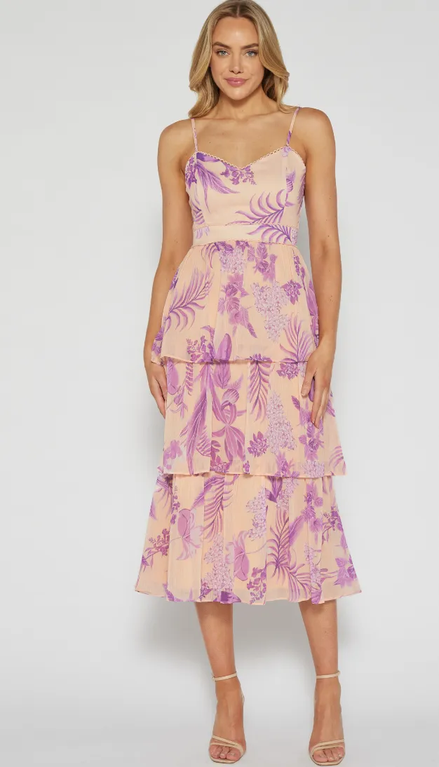 Floral Chiffon Trim Detail Tiered Dress