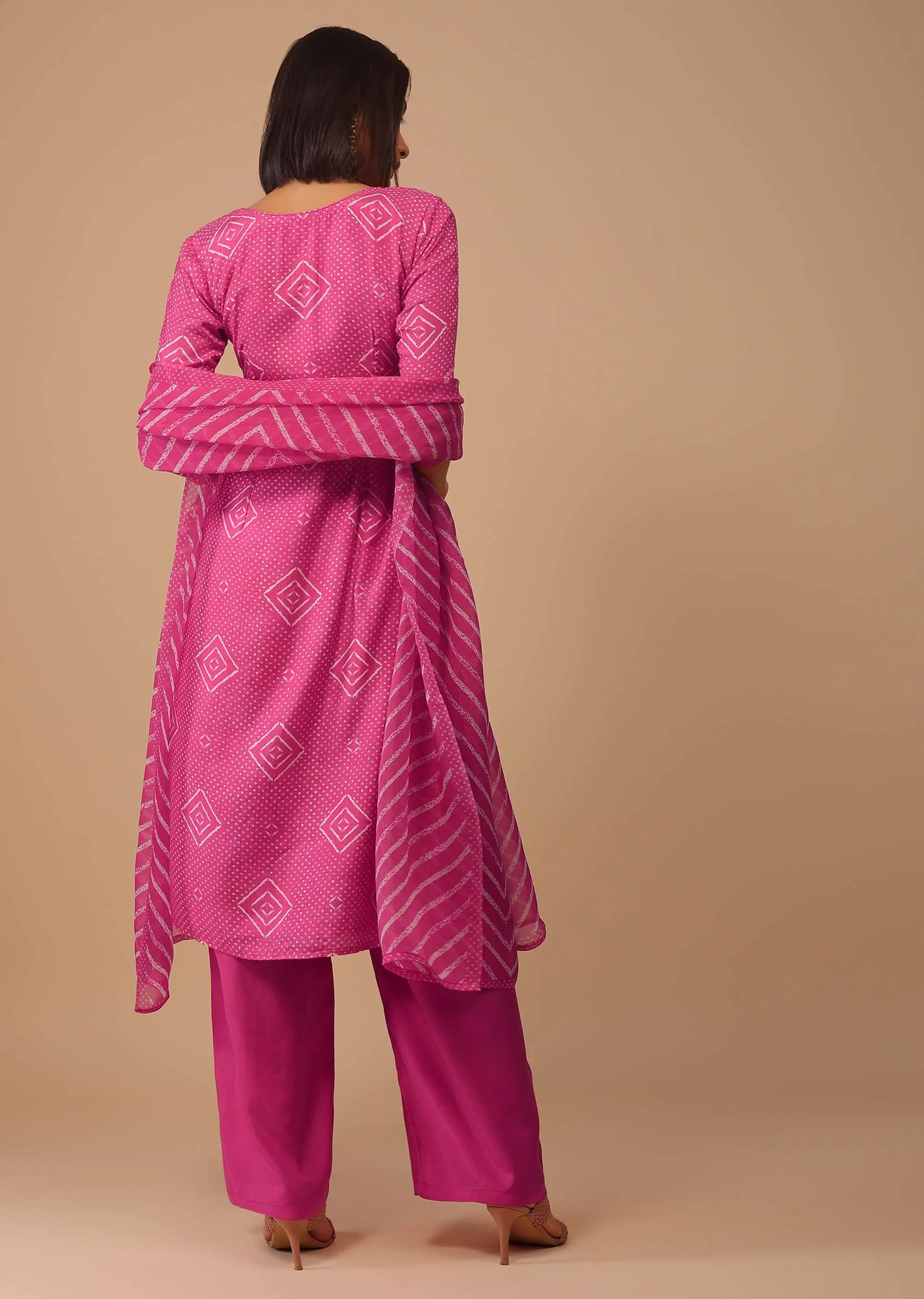 Hot Pink Embroidered Bandhani Printed Cotton Palazzo Suit With Leheriya Dupatta