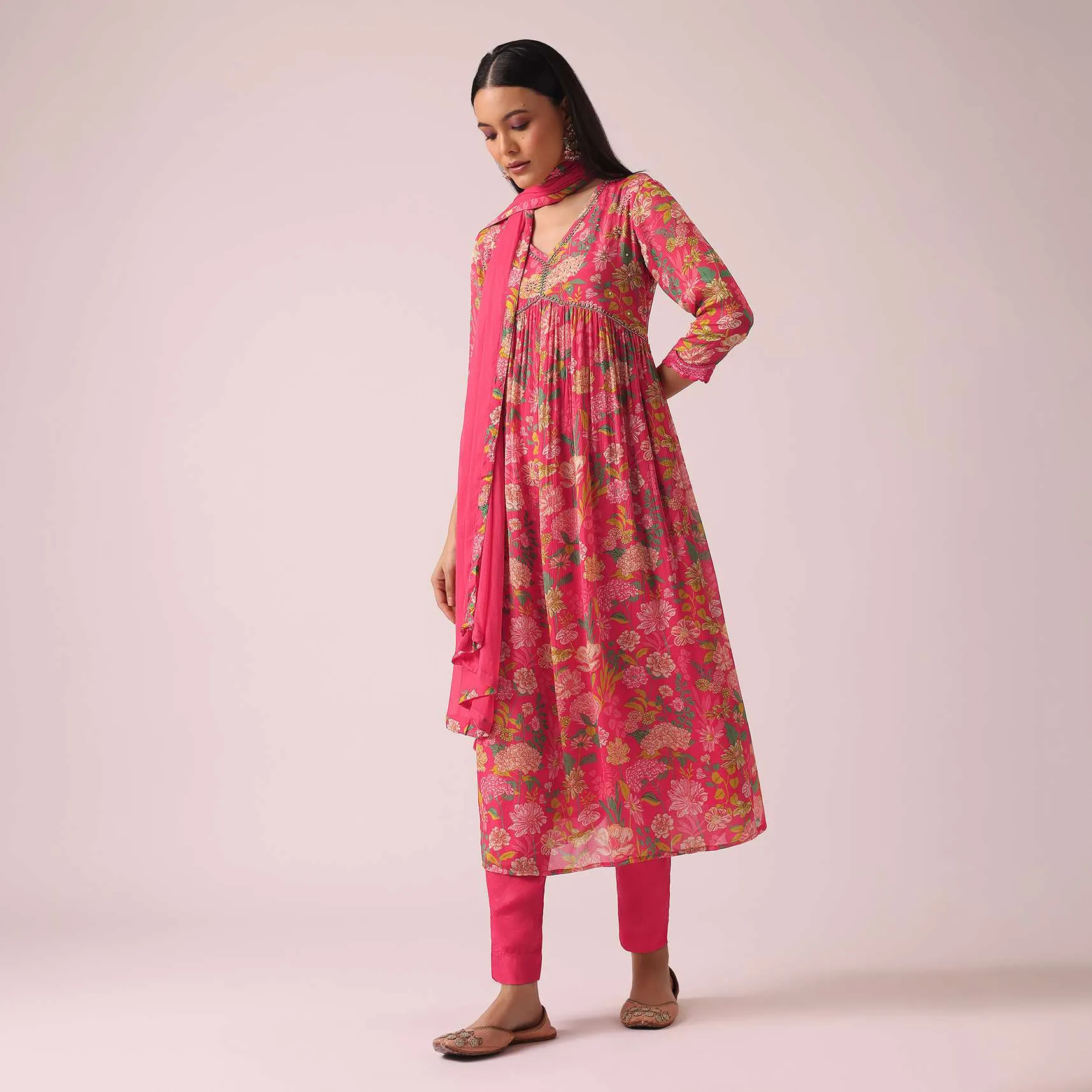 Hot Pink Floral Print Anarkali Set with Sequin Embellishments