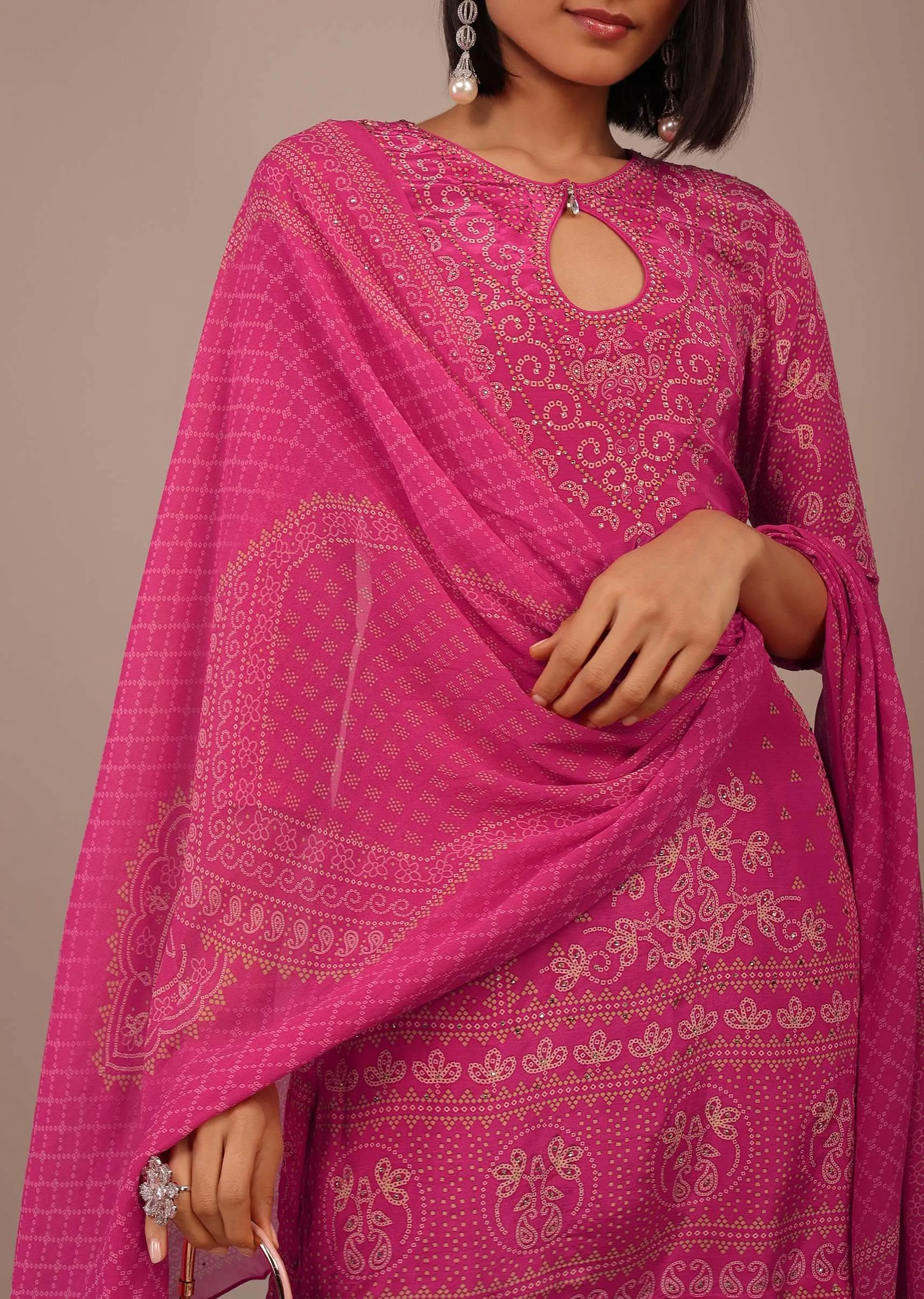 Hot Pink Printed Sharara Suit With Stone Work In Crepe