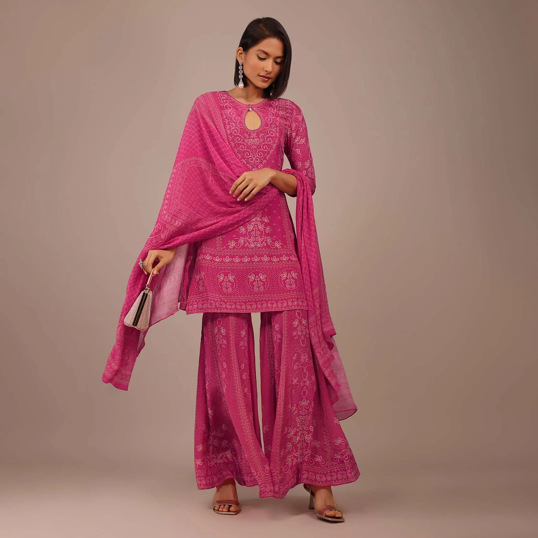 Hot Pink Printed Sharara Suit With Stone Work In Crepe