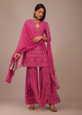 Hot Pink Printed Sharara Suit With Stone Work In Crepe