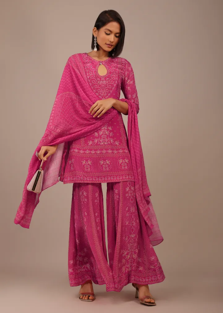 Hot Pink Printed Sharara Suit With Stone Work In Crepe