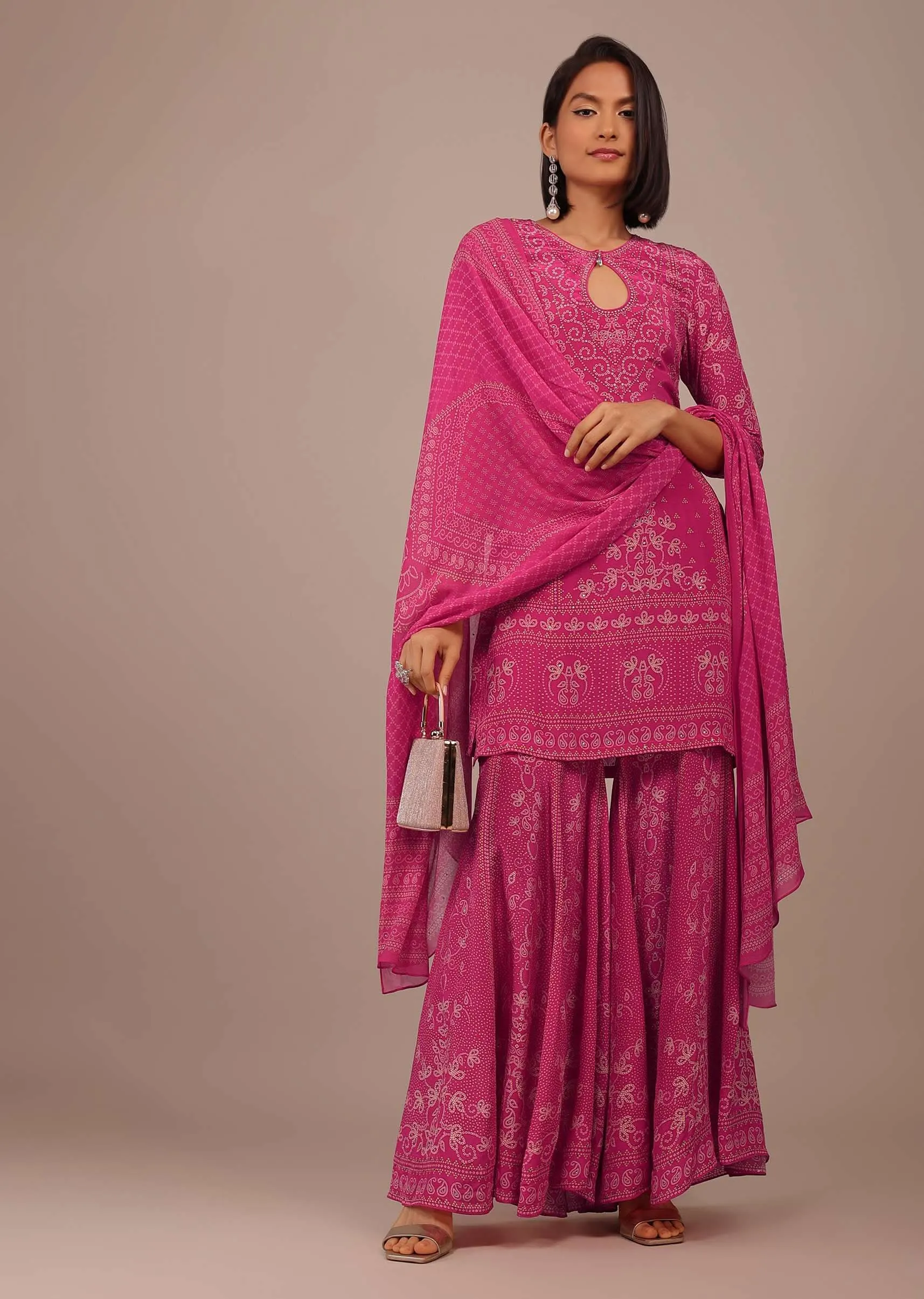 Hot Pink Printed Sharara Suit With Stone Work In Crepe