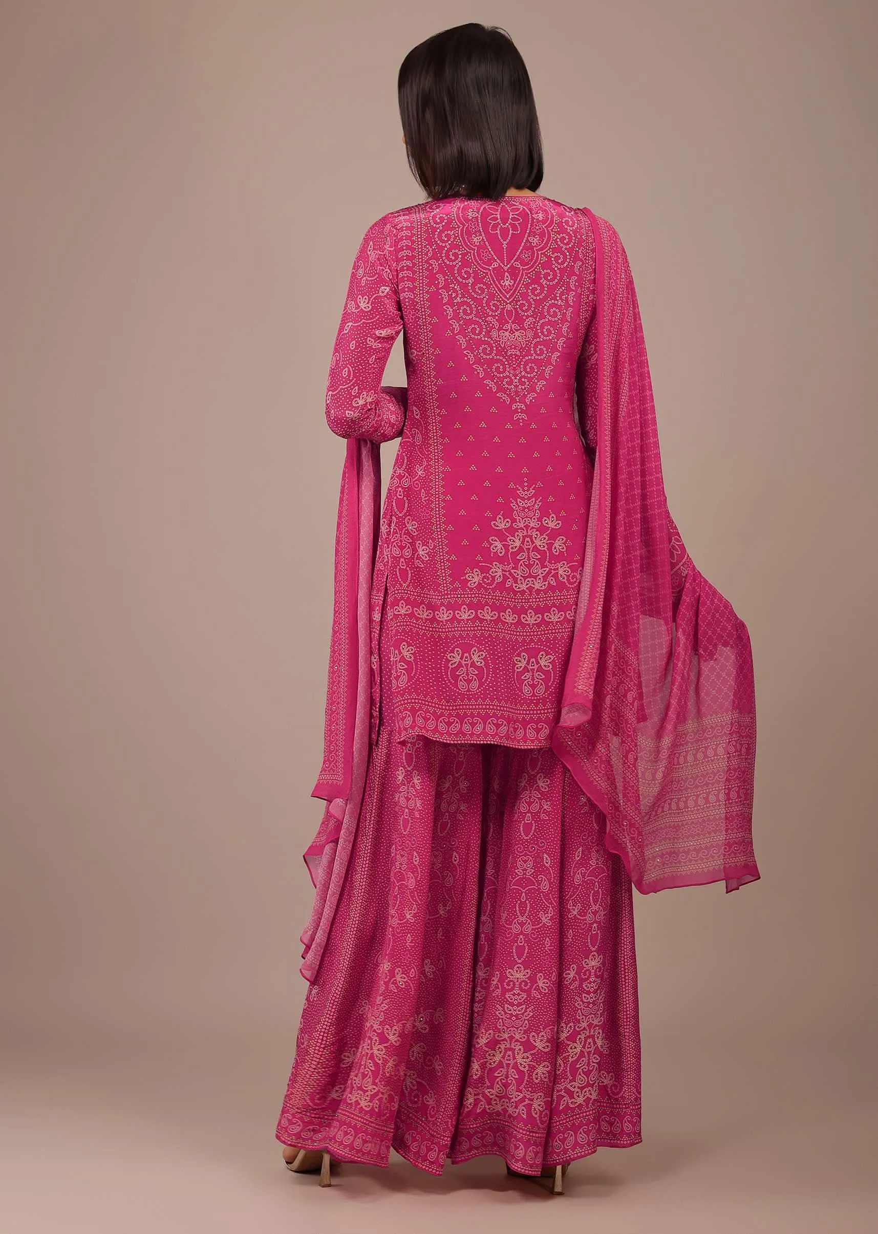 Hot Pink Printed Sharara Suit With Stone Work In Crepe
