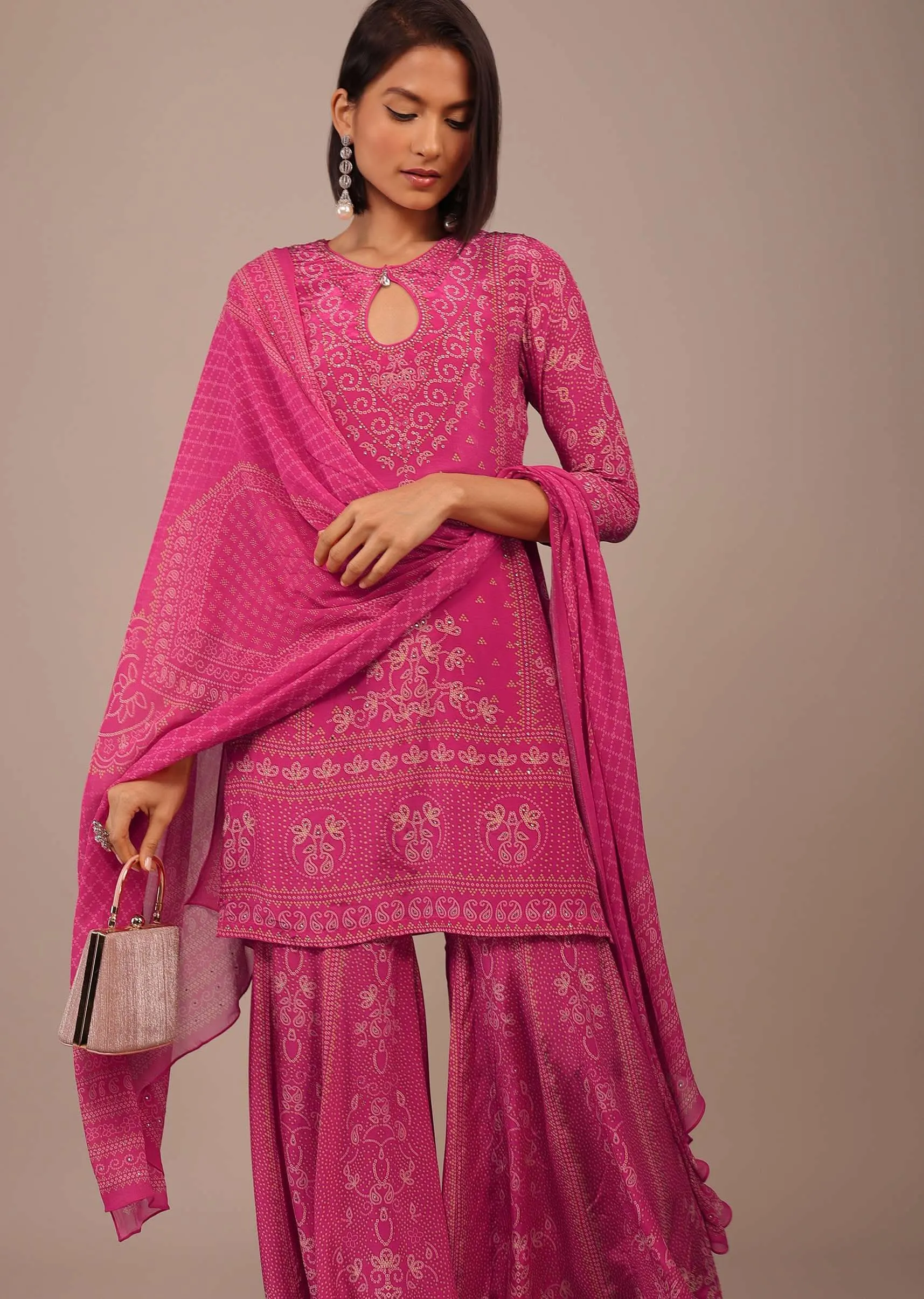 Hot Pink Printed Sharara Suit With Stone Work In Crepe