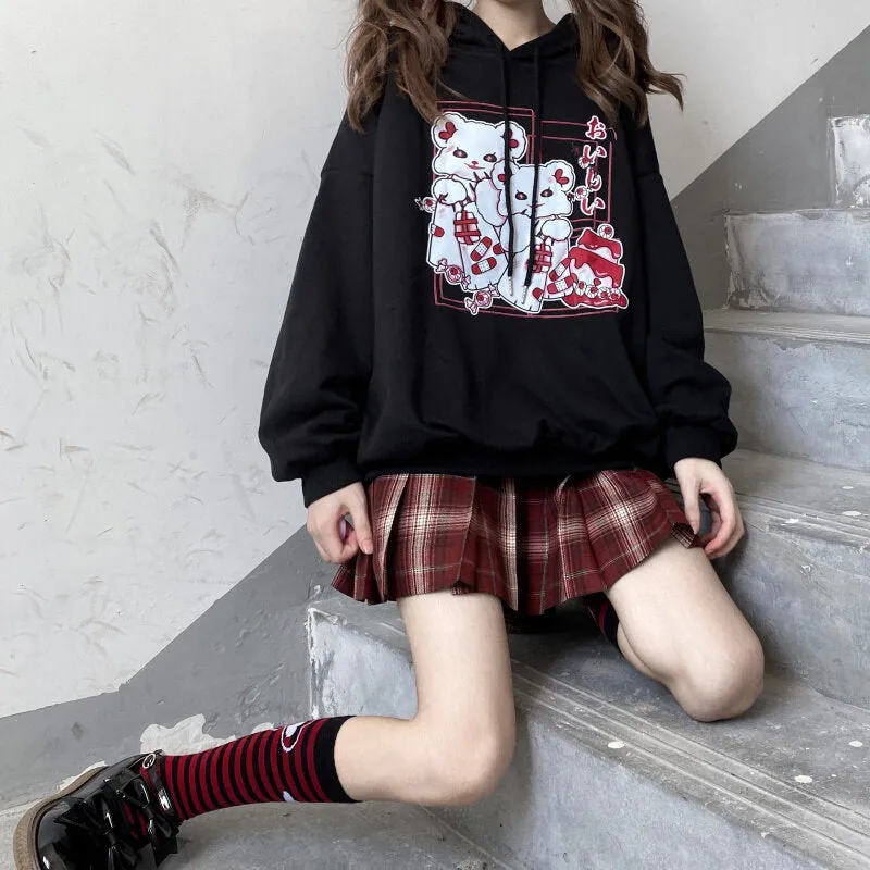 Japanese Sweet Style Loose Cartoon Cat Print Sweatshirt