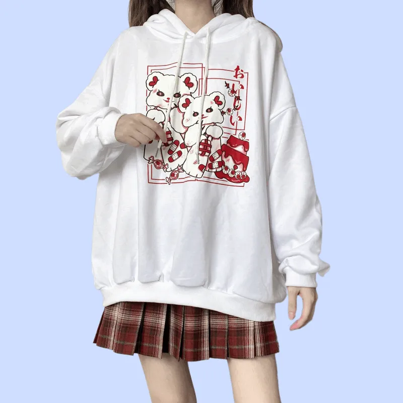 Japanese Sweet Style Loose Cartoon Cat Print Sweatshirt