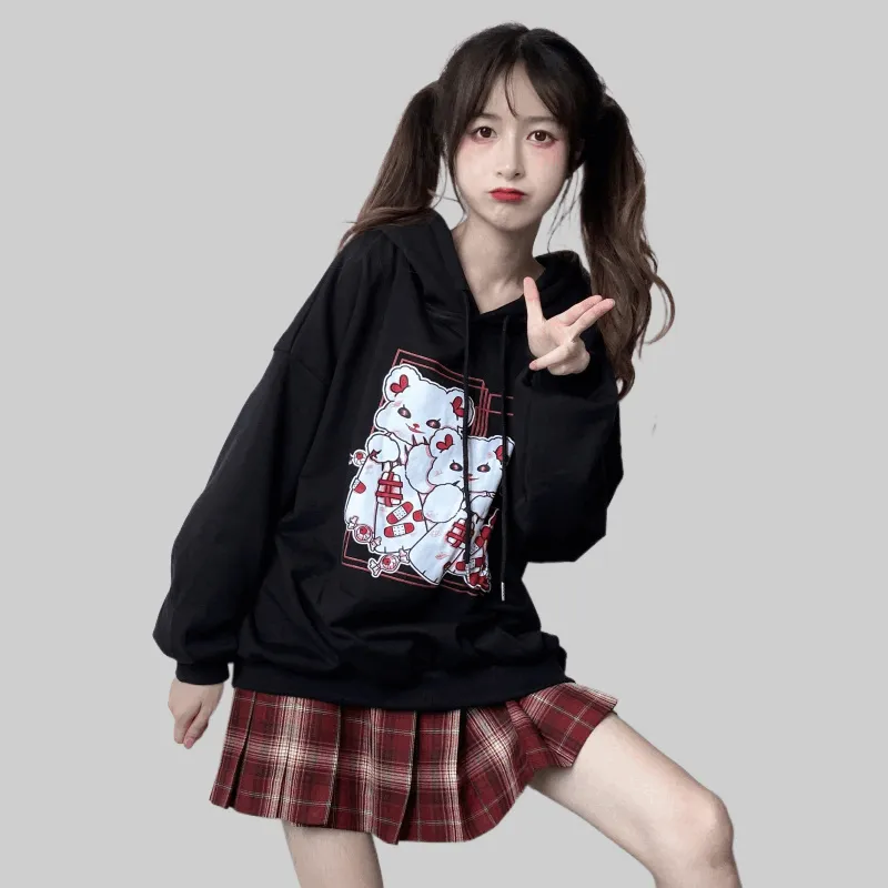 Japanese Sweet Style Loose Cartoon Cat Print Sweatshirt