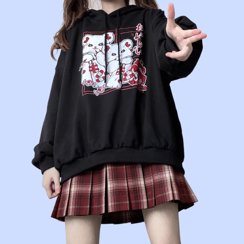 Japanese Sweet Style Loose Cartoon Cat Print Sweatshirt