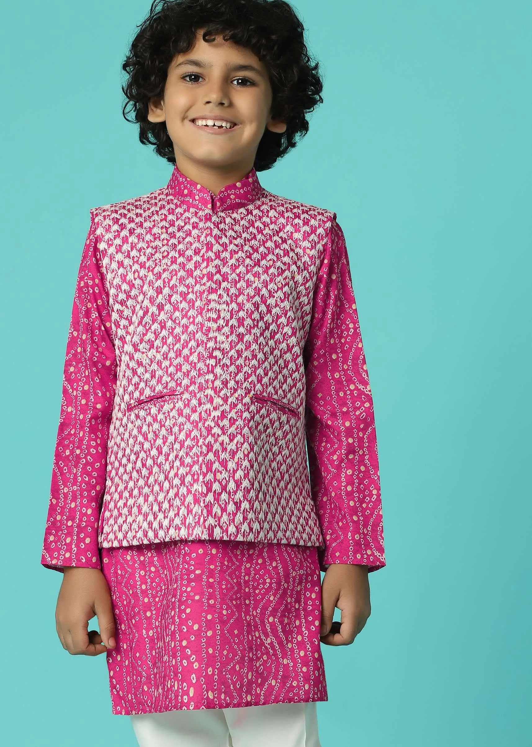 Kalki Hot Pink Jacket Kurta Set In Silk With Bandhani Print