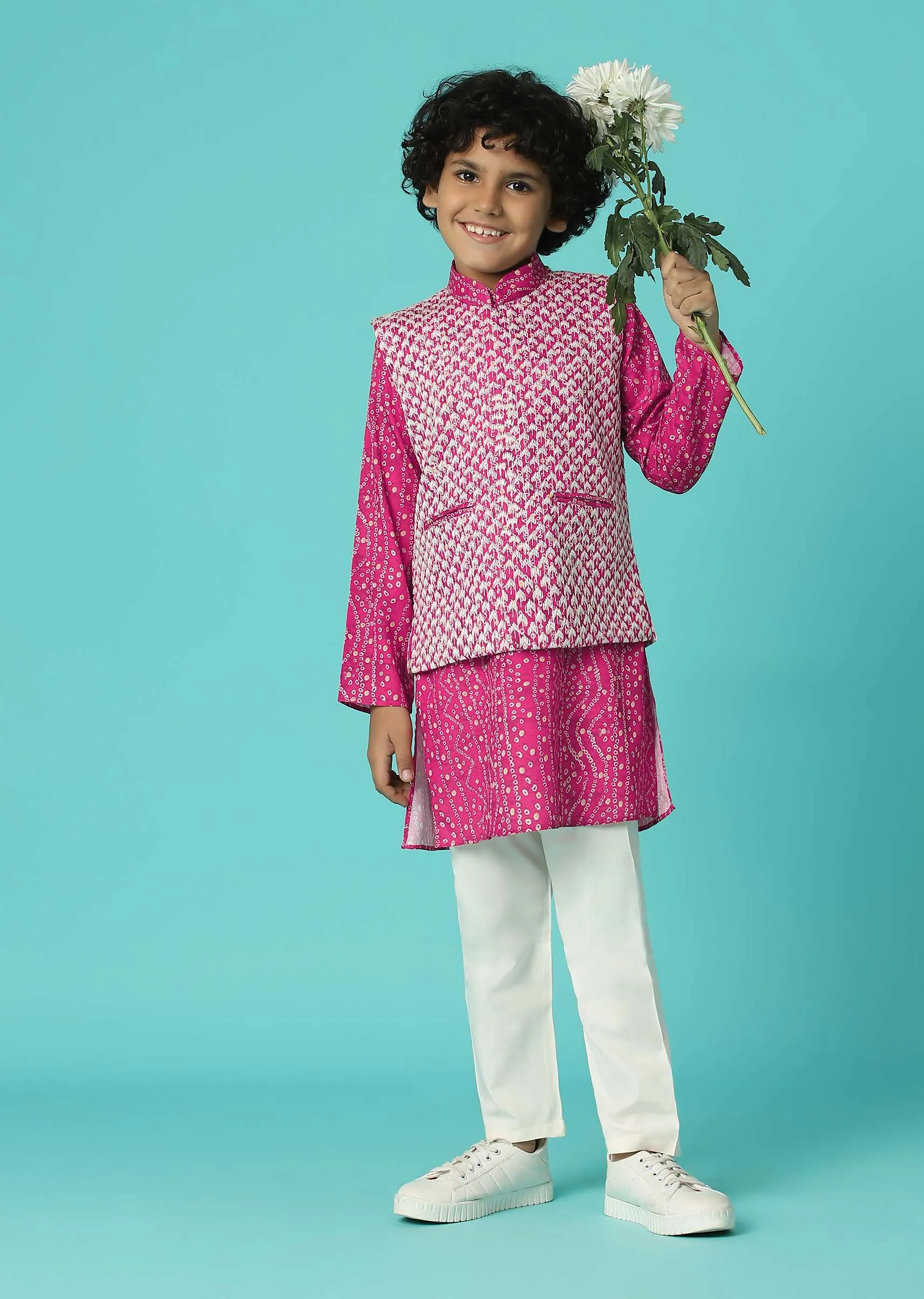 Kalki Hot Pink Jacket Kurta Set In Silk With Bandhani Print