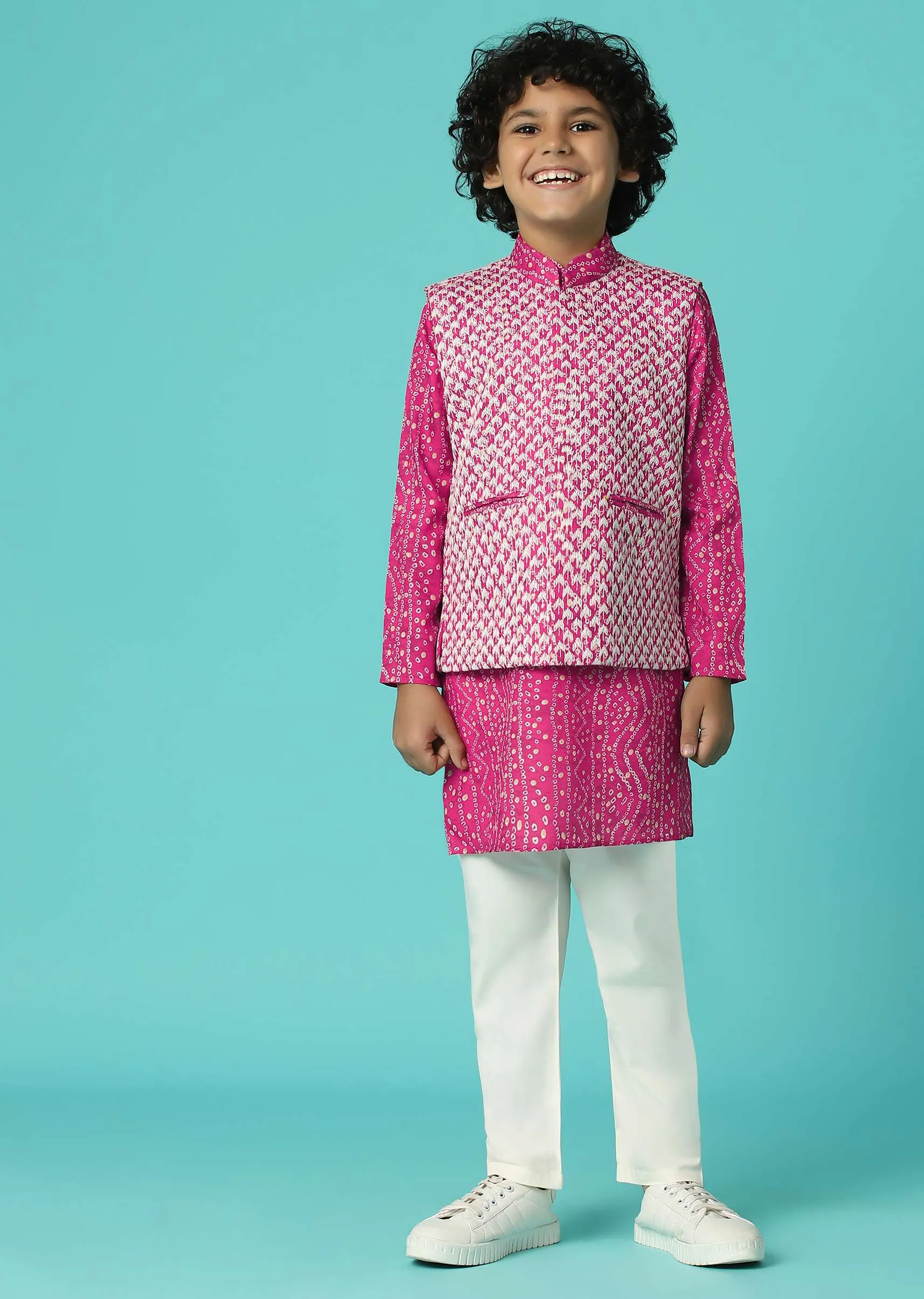 Kalki Hot Pink Jacket Kurta Set In Silk With Bandhani Print