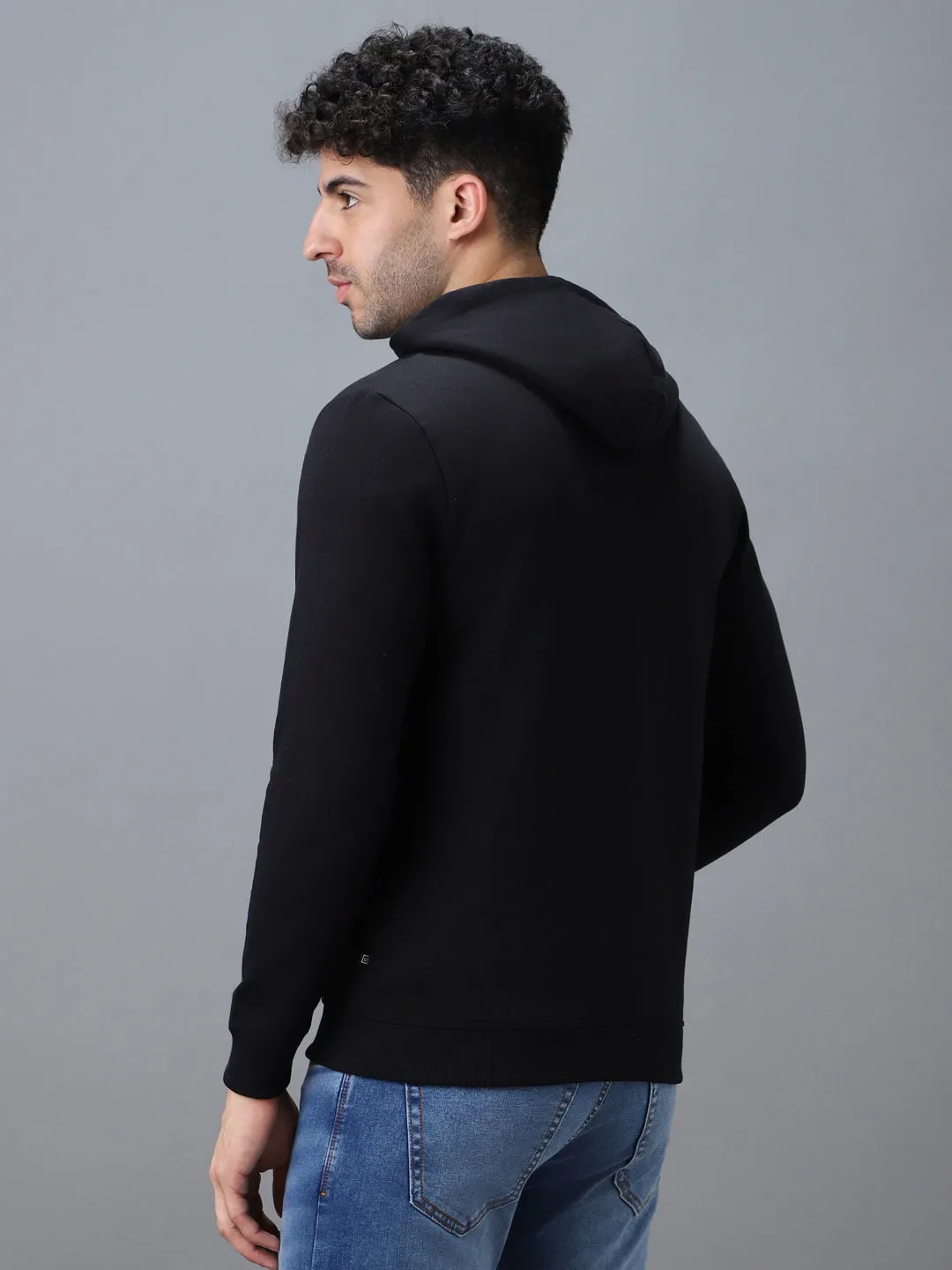 Men's Black Cotton Solid Zippered Hooded Neck Sweatshirt