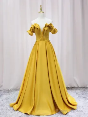 Off Shoulder V Neck Yellow Satin Long Prom Dresses, Off The Shoulder Yellow Formal Dresses, Yellow Evening Dresses