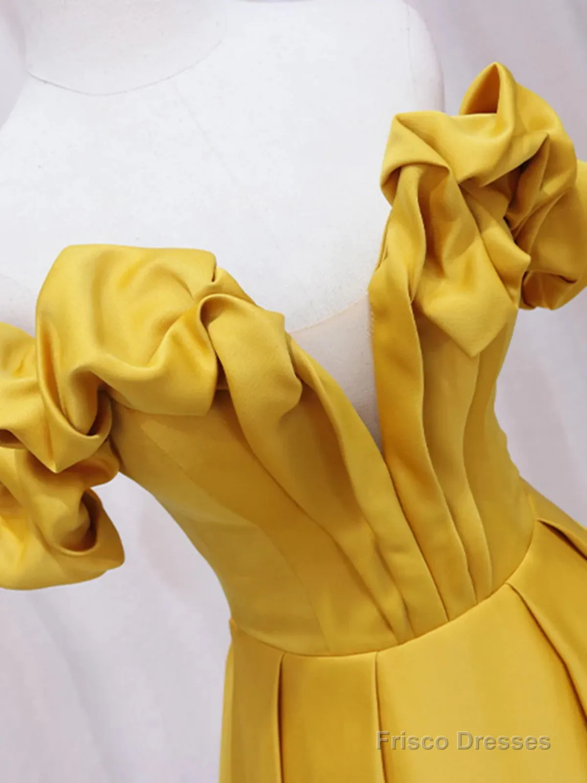 Off Shoulder V Neck Yellow Satin Long Prom Dresses, Off The Shoulder Yellow Formal Dresses, Yellow Evening Dresses