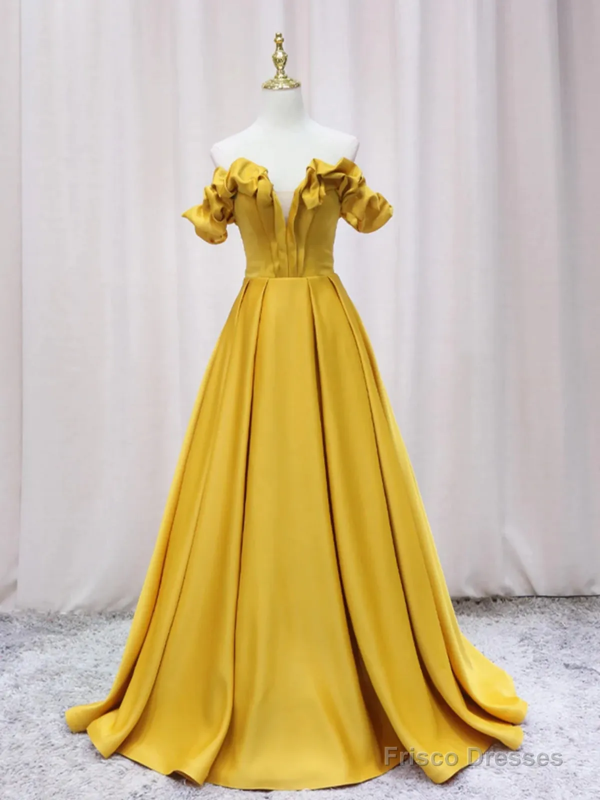 Off Shoulder V Neck Yellow Satin Long Prom Dresses, Off The Shoulder Yellow Formal Dresses, Yellow Evening Dresses