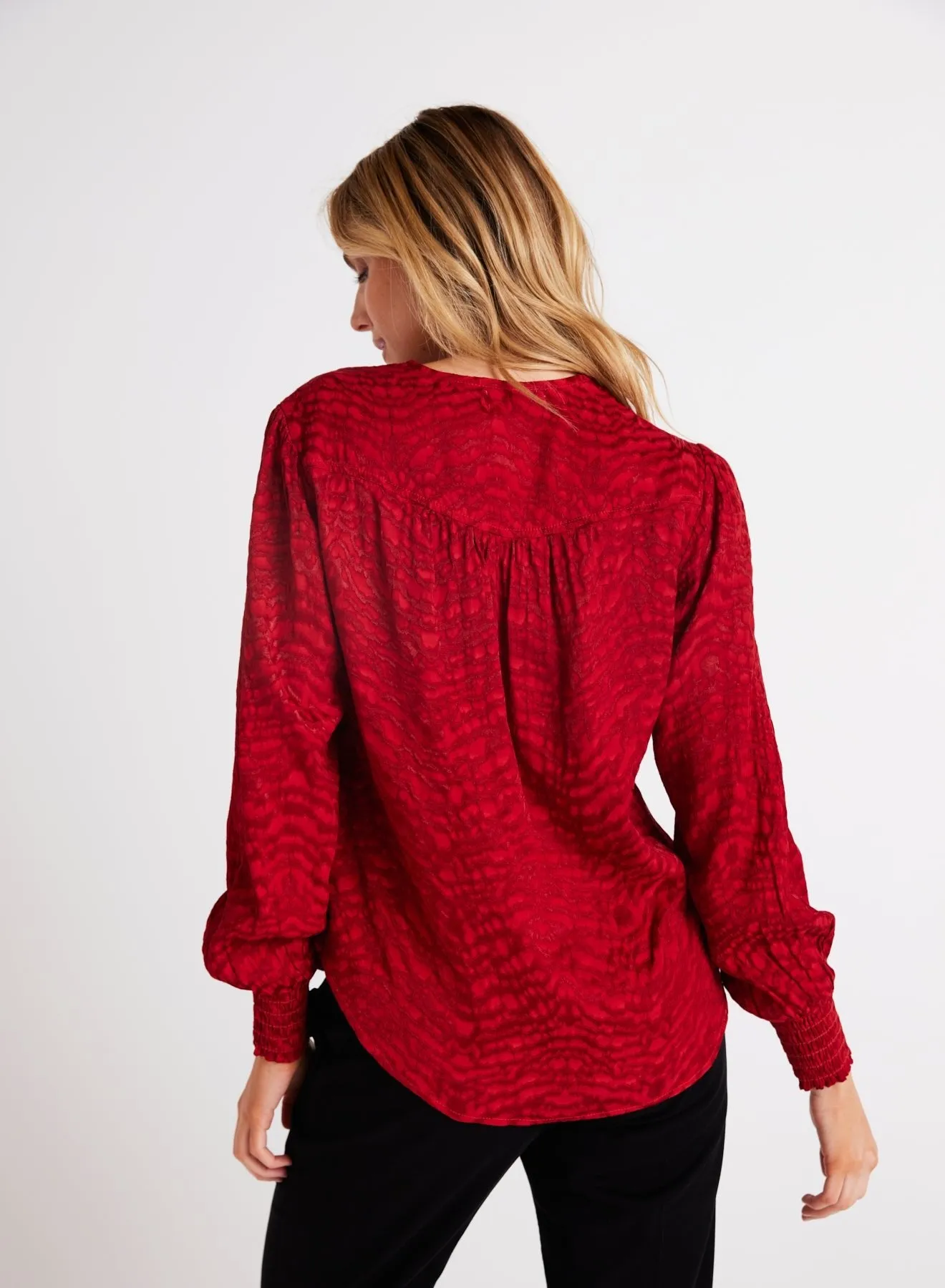Smocked Cuff Button Down - Garnet Red