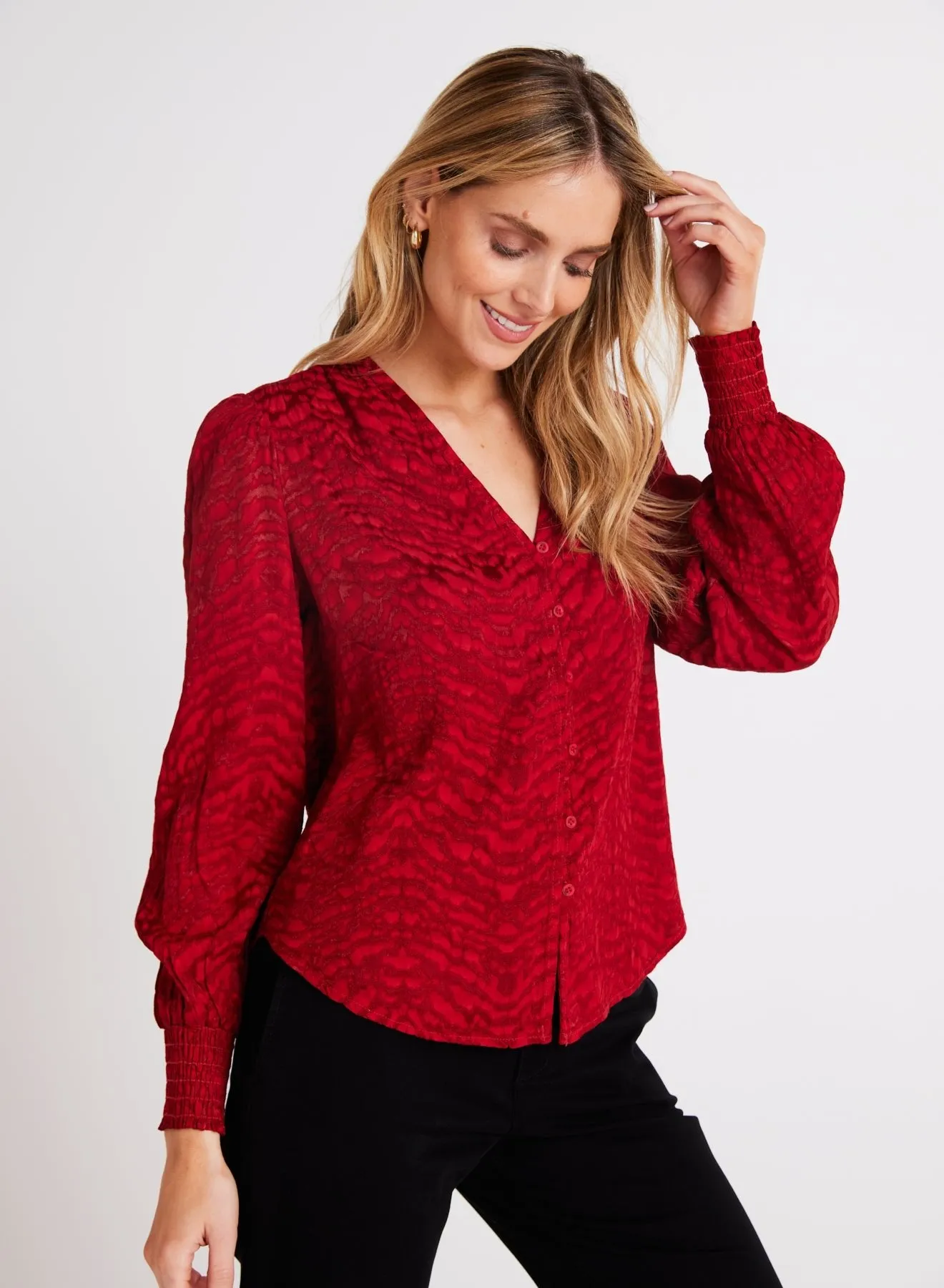 Smocked Cuff Button Down - Garnet Red