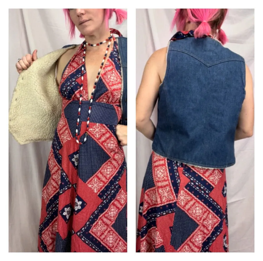 Vintage 70s | Levi Denim Vest Western Bohemian Sherpa Lined | Size M 10