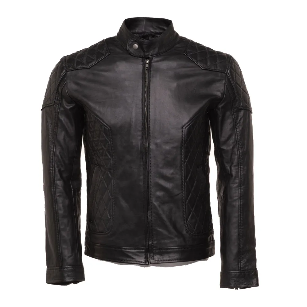 Mens Welsh Moto Style Leather Jacket with Diamond Stitching Detail - Premium Motorcycle Outerwear