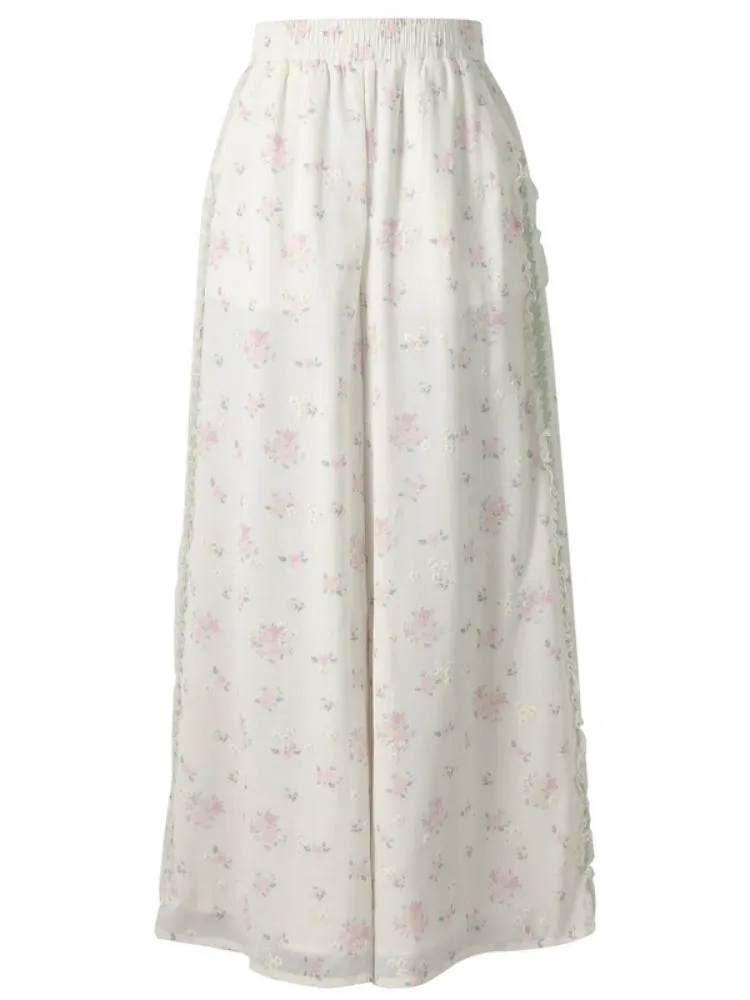 White Floral Summer Casual Pants