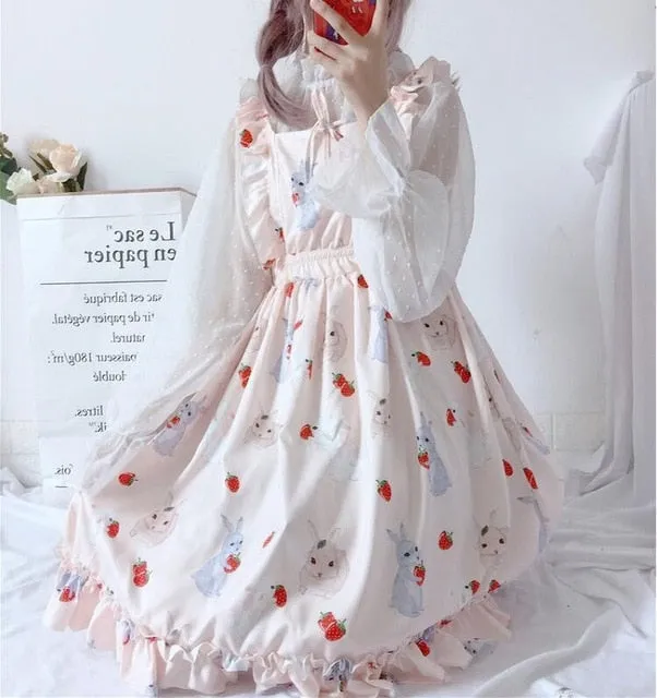 WILUXE  Women's Dresses Chic Lady Kawaii Ulzzang Strawberry Rabbit Cute Strap Dress Female Ins Vintage Harajuku Dress For Women Casual