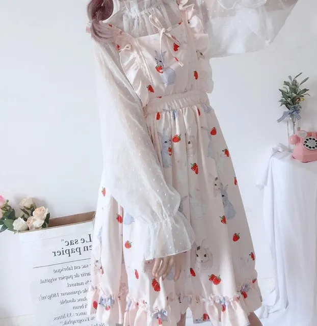 WILUXE  Women's Dresses Chic Lady Kawaii Ulzzang Strawberry Rabbit Cute Strap Dress Female Ins Vintage Harajuku Dress For Women Casual