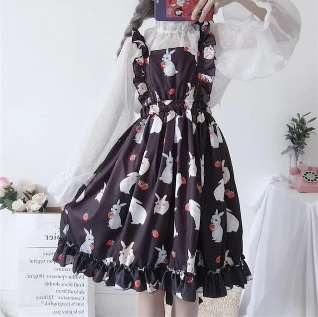 WILUXE  Women's Dresses Chic Lady Kawaii Ulzzang Strawberry Rabbit Cute Strap Dress Female Ins Vintage Harajuku Dress For Women Casual
