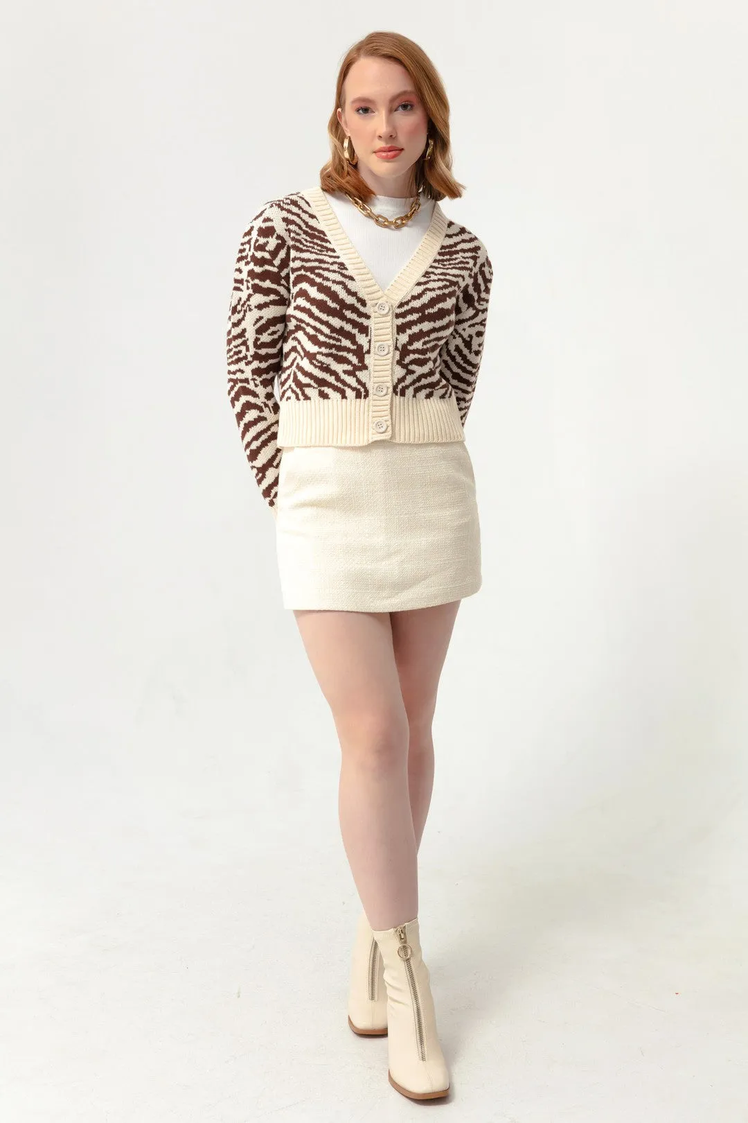 Woman Zebra Pattern Triko Cardigan