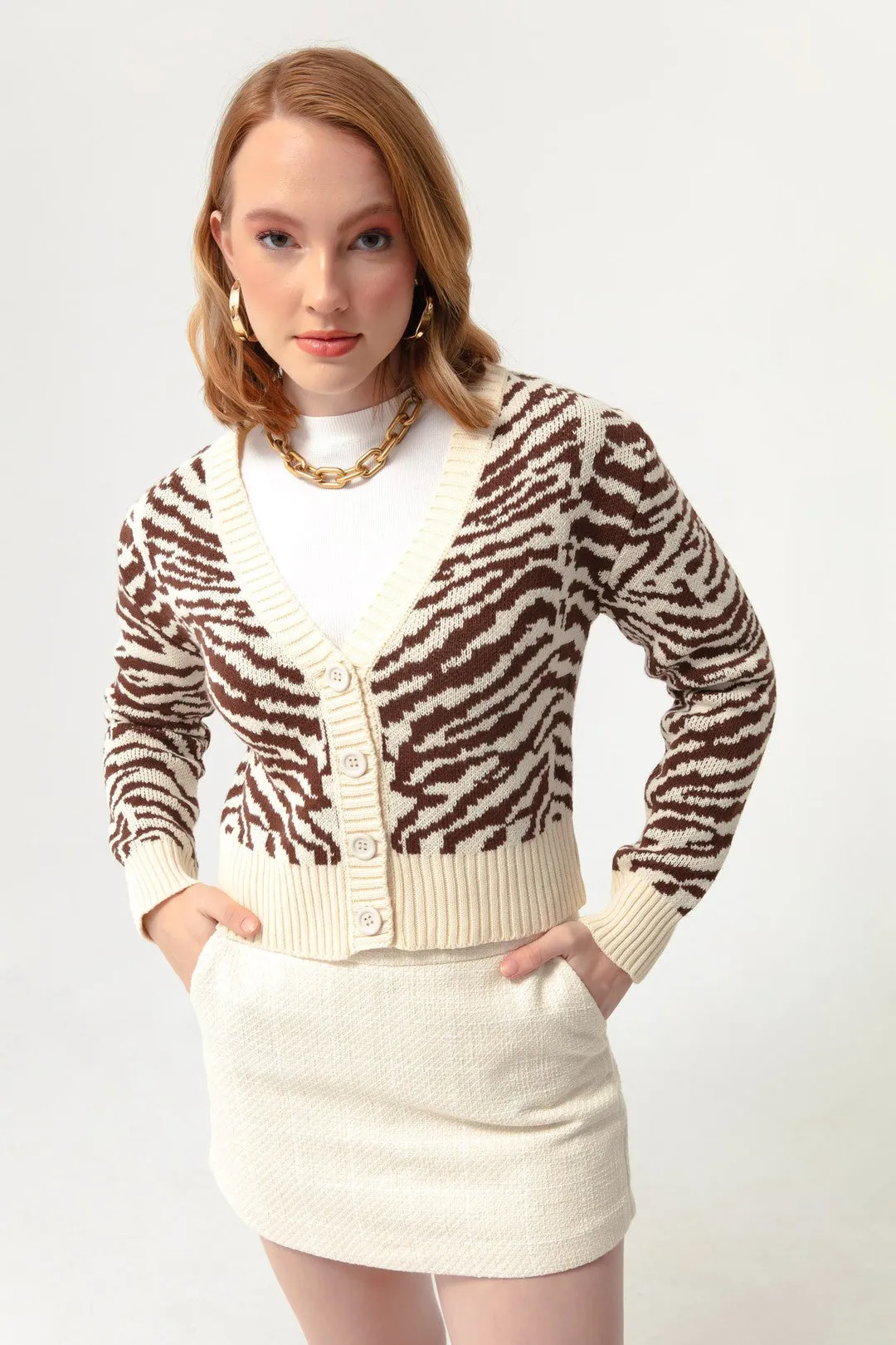 Woman Zebra Pattern Triko Cardigan