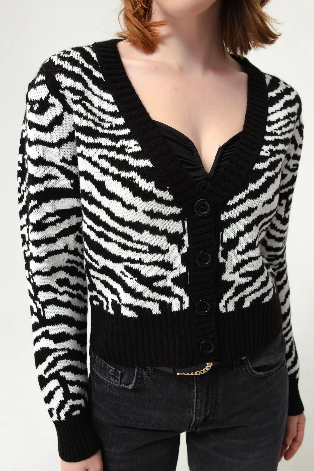 Woman Zebra Pattern Triko Cardigan