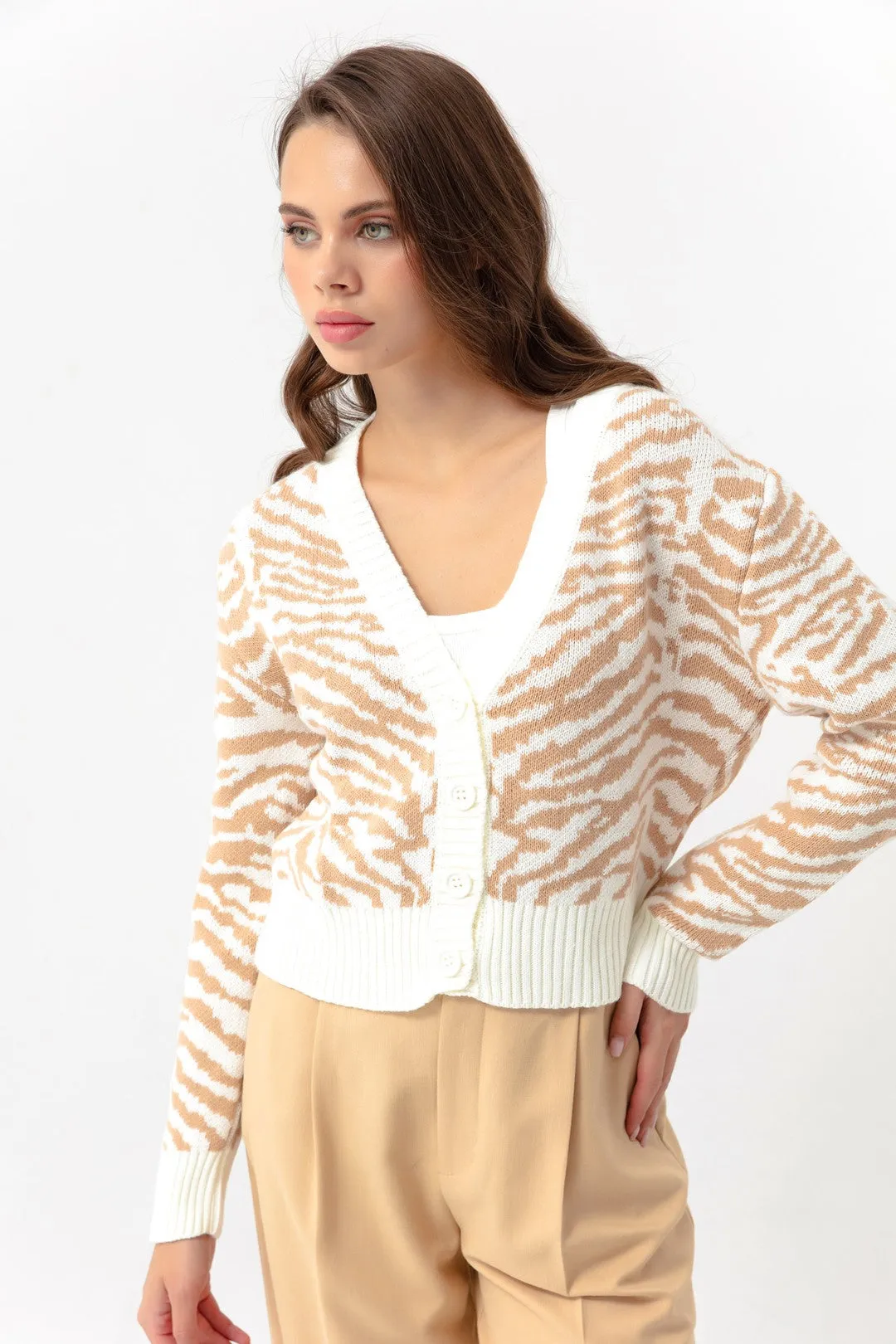 Woman Zebra Pattern Triko Cardigan