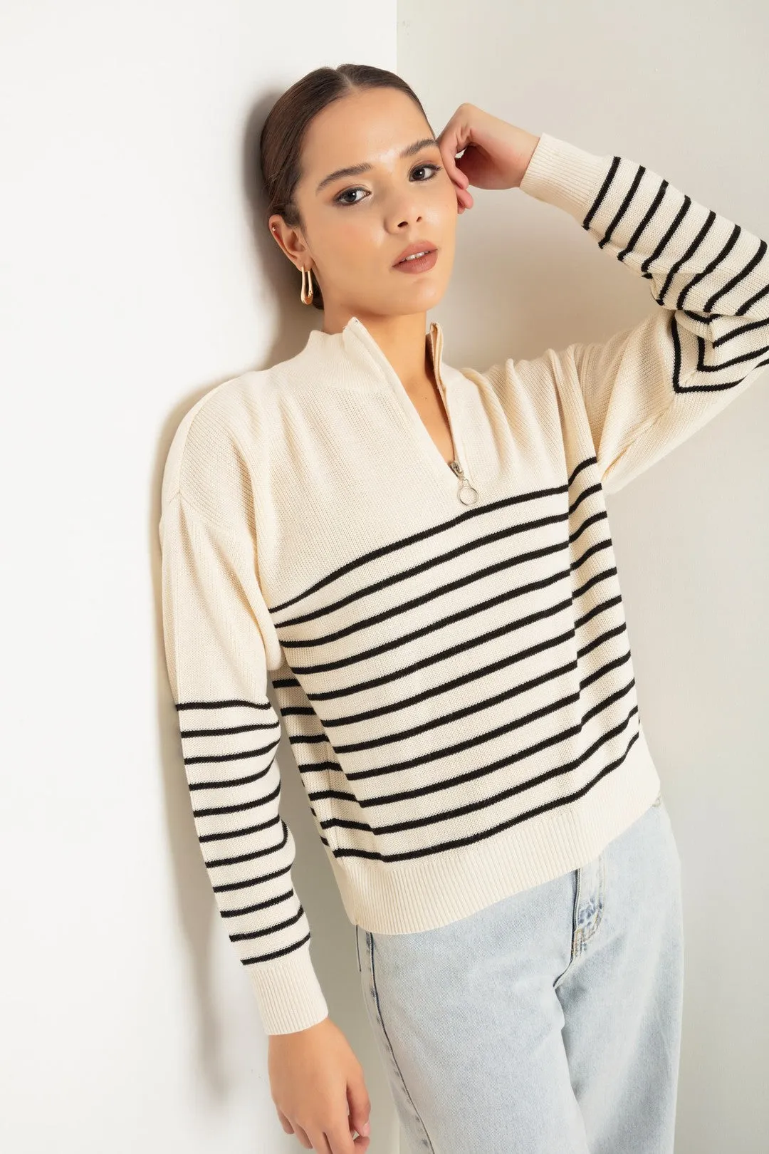 Women Zipper Long Sleeve Knitwear Sweater